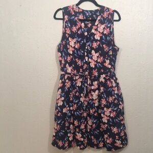 GAP Sleeveless 100% Cotton Navy Blue Floral Drawstring Waist Dress size 14